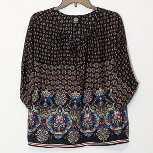 Women's BOBEAU Black Paisley Print, Chiffon Peasant Top, Tunic; Size PXL